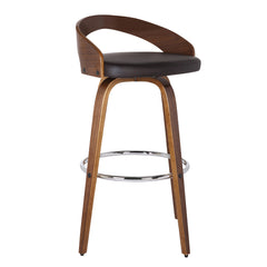31" Brown Faux Leather And Solid Wood Swivel Low Back Counter Height Bar Chair With Footrest