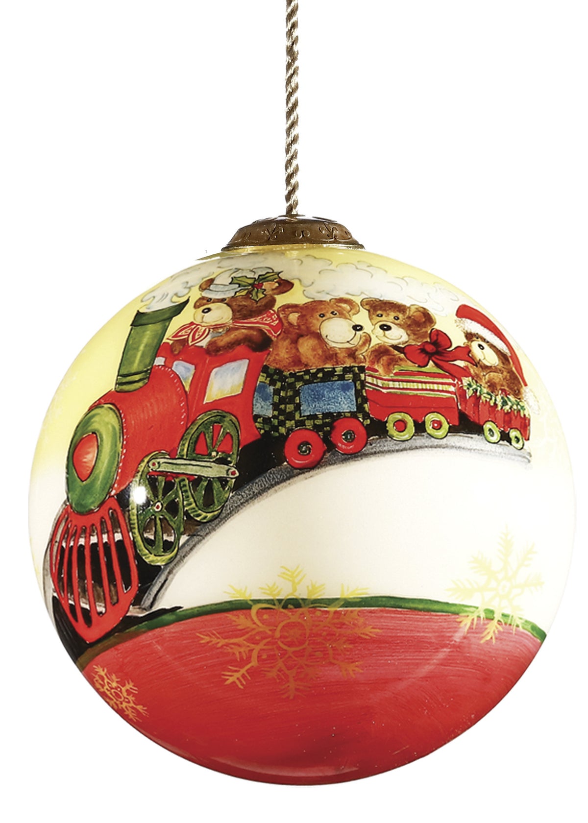 Teddy on Toy Train Hand Painted Mouth Blown Glass Ornament