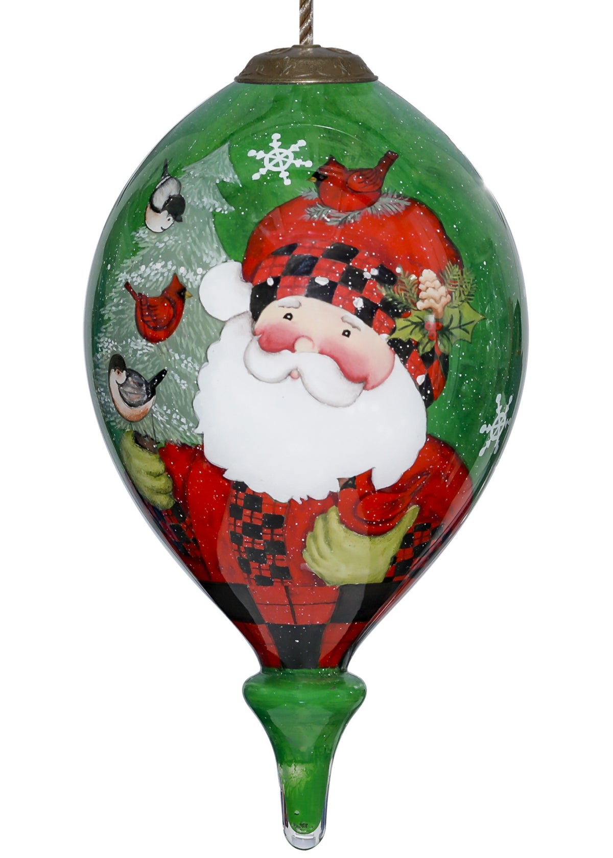 Plaid Santa with Cardinals Hand Painted Mouth Blown Glass Ornament