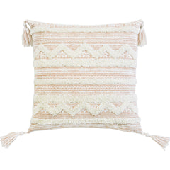 18" X 18" Beige And White Geometric Zippered Polyester And Cotton Blend Throw Pillow With Tassels