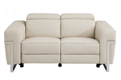 65" Beige Italian Leather and Stainless Reclining Love Seat