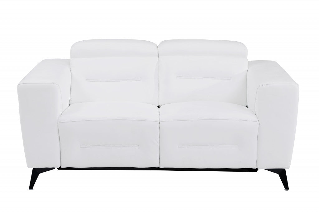 65" White and Chrome Italian Leather Reclining Love Seat