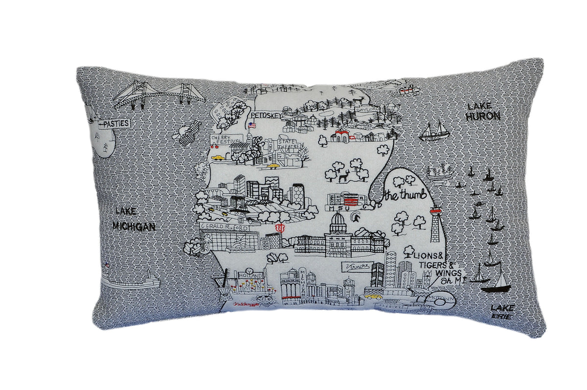 24" White Michigan Lower Peninsula Daylight Skyline Lumbar Decorative Pillow