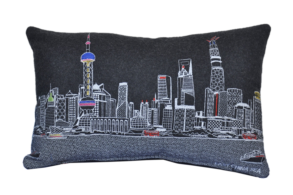 24" Black Shanghai Nighttime Skyline Lumbar Decorative Pillow