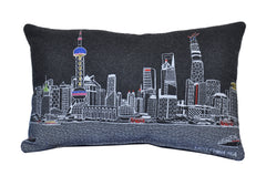 24" Black Shanghai Nighttime Skyline Lumbar Decorative Pillow