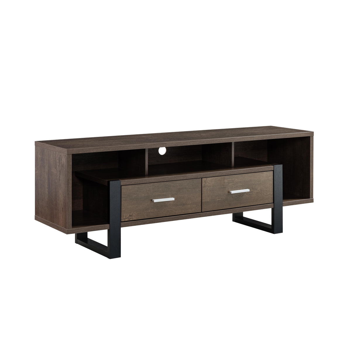 60" Walnut Oak And Black Manufactured Wood Cabinet Enclosed Storage TV Stand