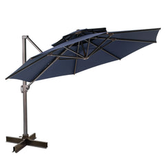 12' Navy Blue Polyester Round Tilt Cantilever Patio Umbrella With Stand