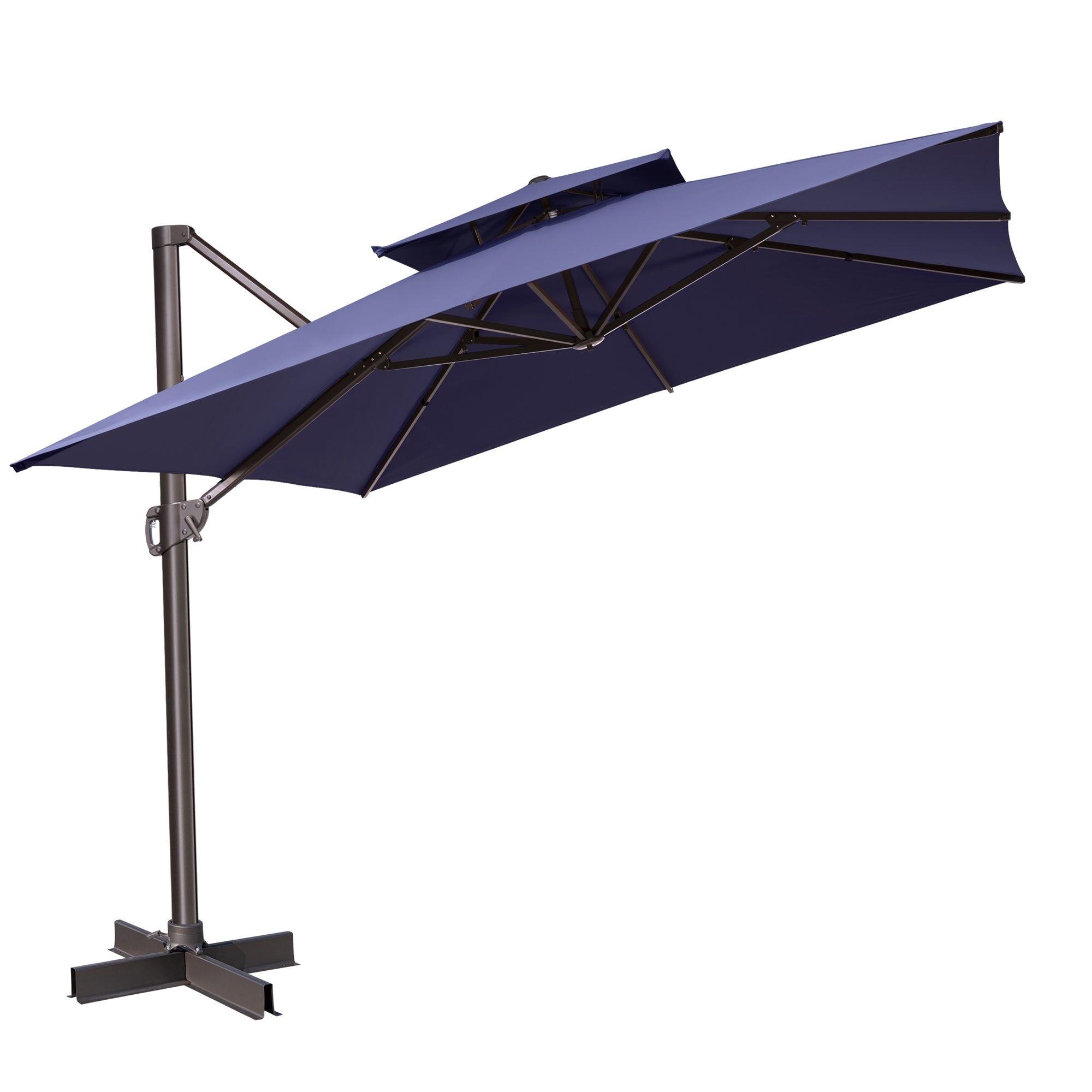 11' Navy Blue Polyester Square Tilt Cantilever Patio Umbrella With Stand