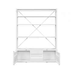 83" White Four Tier Cargo Style Bookcase with Cabinets and Ladder