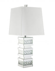 31" Mirrored Glass Faux Crystal Chunky Geo Table Lamp With White Square Shade