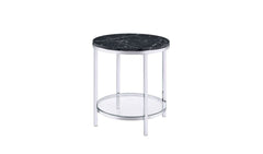 25" Chrome And Black Faux Marble And Metal Round End Table With Shelf