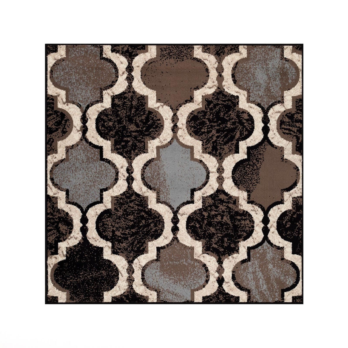 5' Square Chocolate Square Quatrefoil Power Loom Distressed Stain Resistant Area Rug