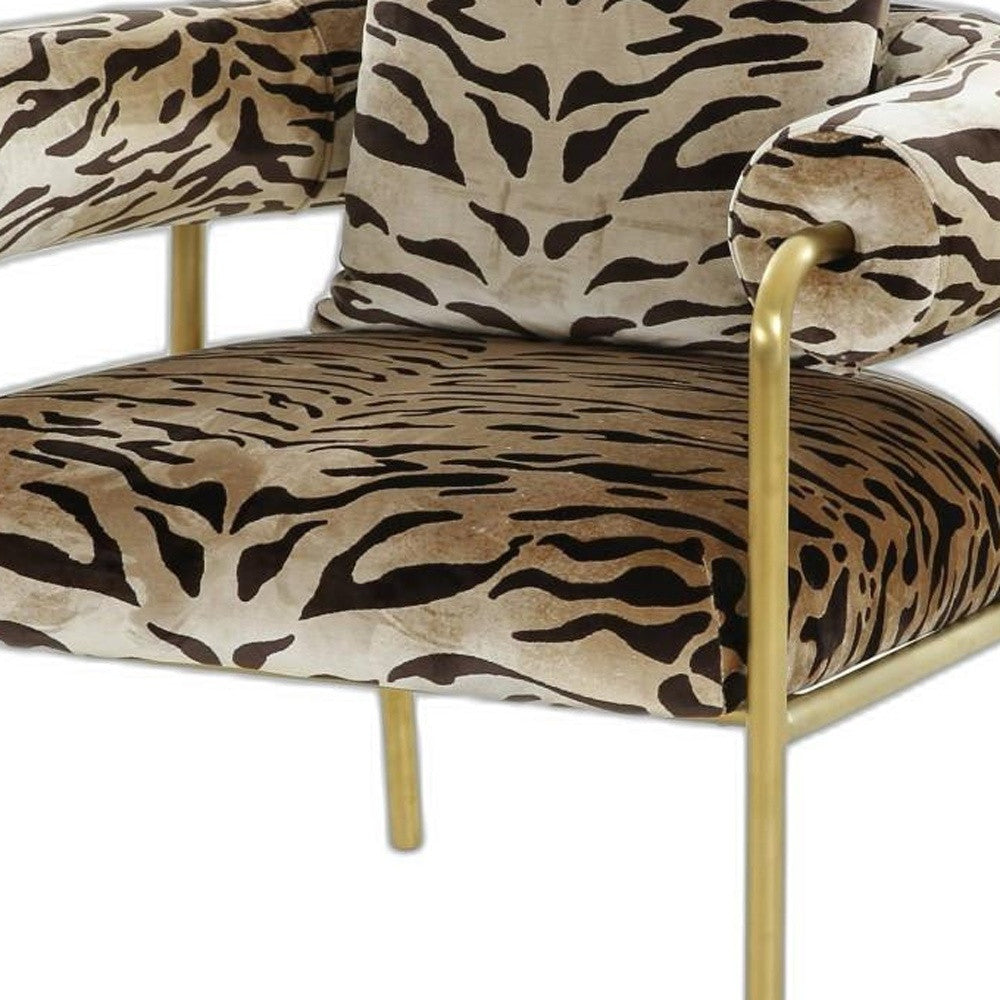 34" Beige And Black 100% Polyester And Gold Animal Print Arm Chair