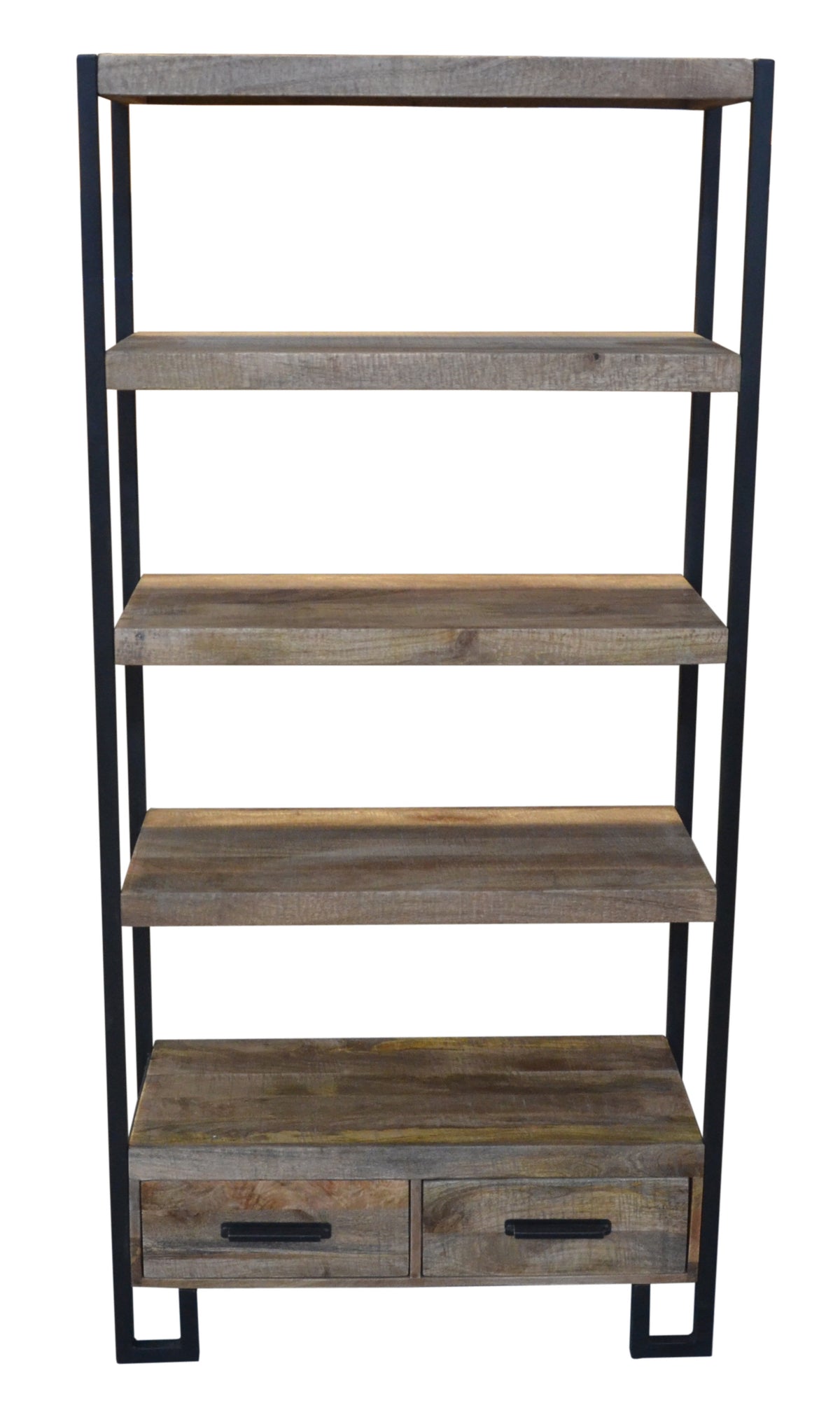 71" Rustic Distressed Solid Wood Oak And Black Four Tier Etagere Bookcase