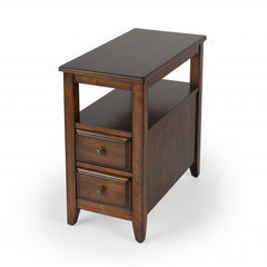 24" Cherry Brown Narrow End Table With Two Drawers And Shelf