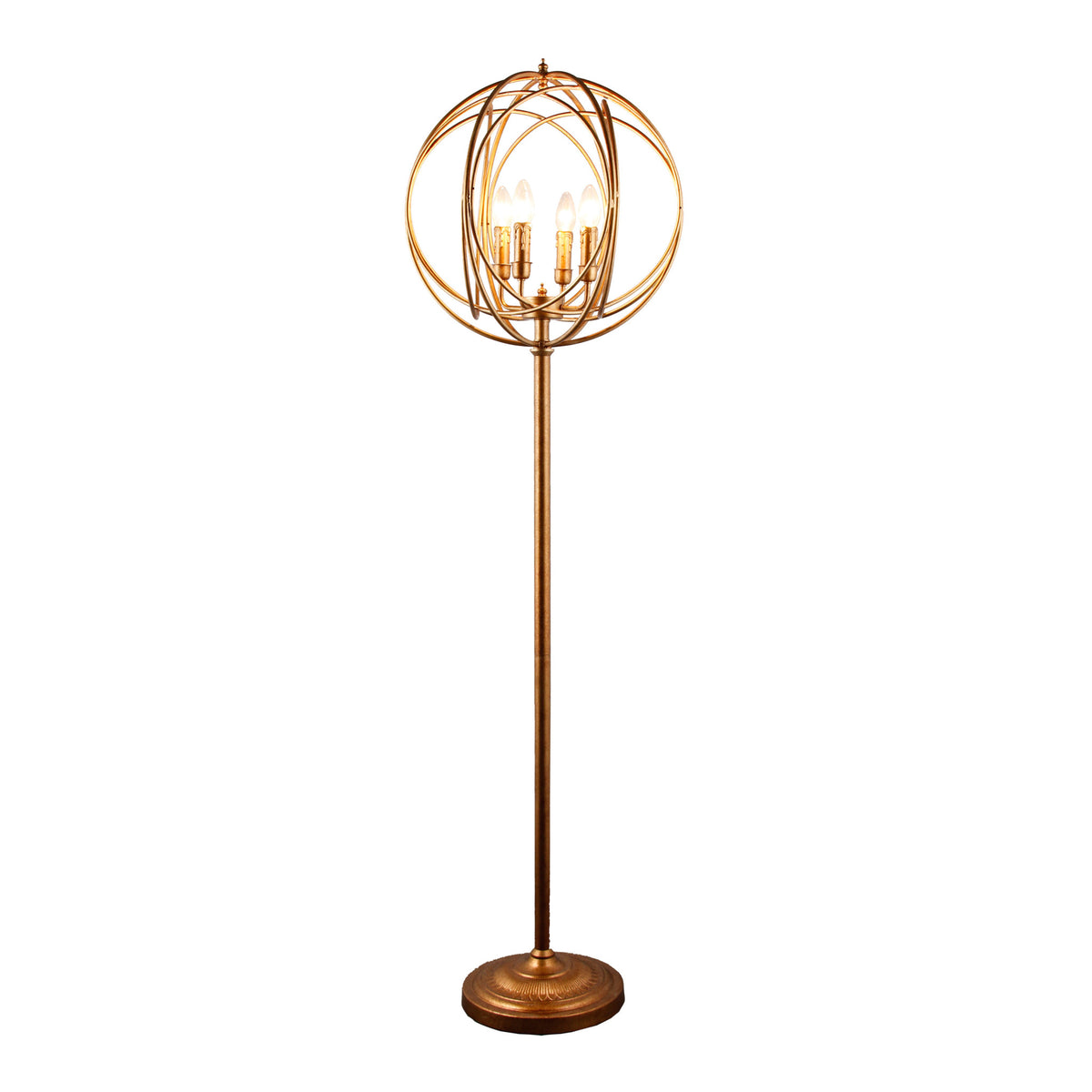 64" Gold Four Light Floor Lamp With Modern Gold Geometric Globe Shade