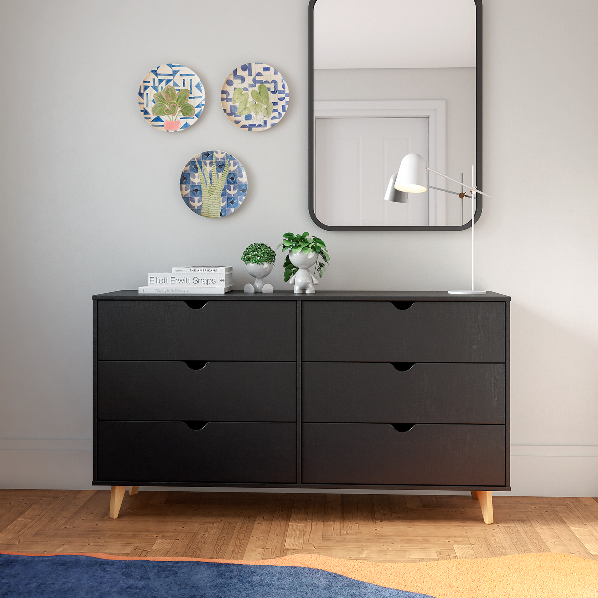 59" Black Scoop Handle Six Drawer Double Dresser