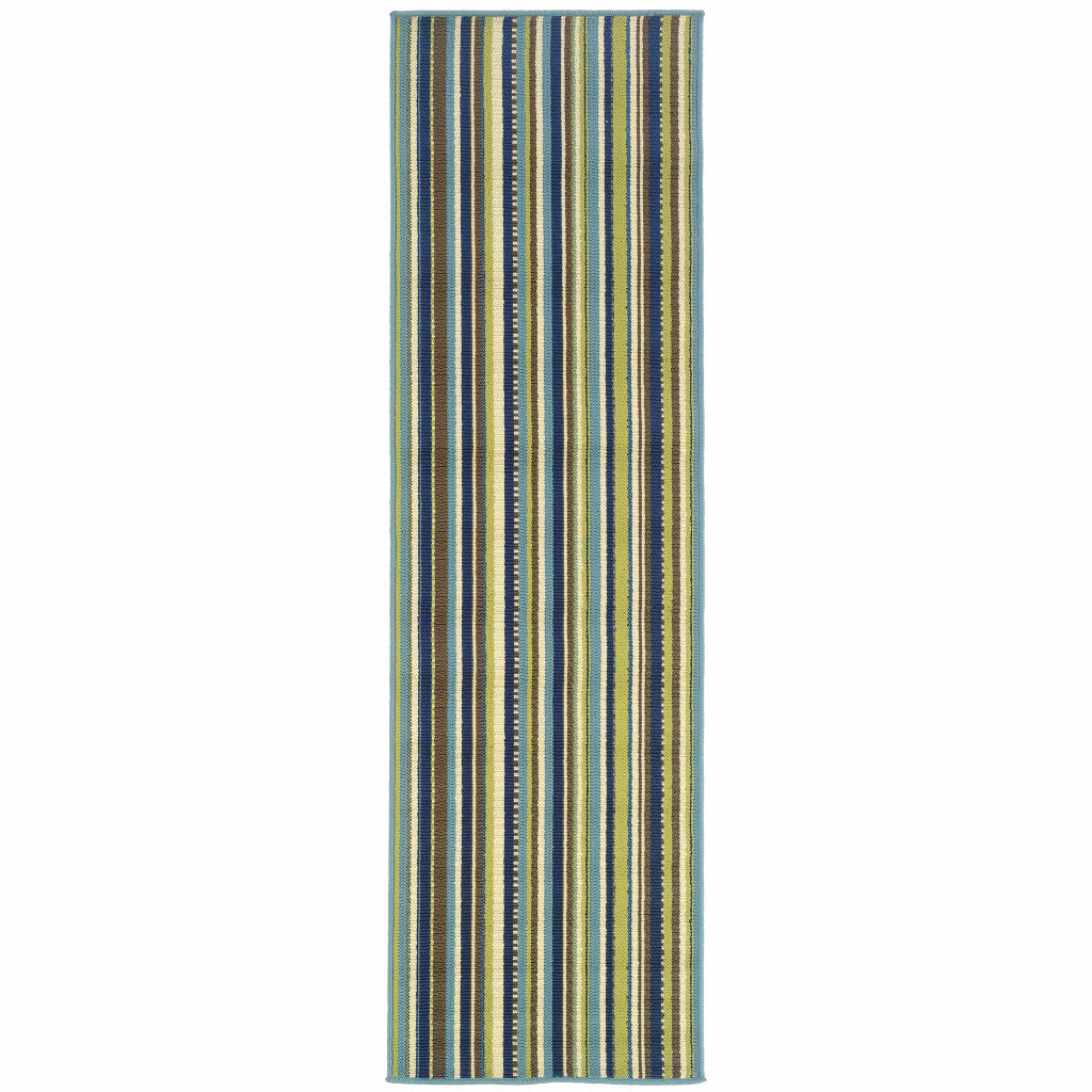 2' X 8' Blue Striped Stain Resistant Indoor Outdoor Area Rug