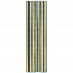 2' X 8' Blue Striped Stain Resistant Indoor Outdoor Area Rug