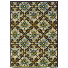 6' X 9' Brown Floral Stain Resistant Indoor Outdoor Area Rug