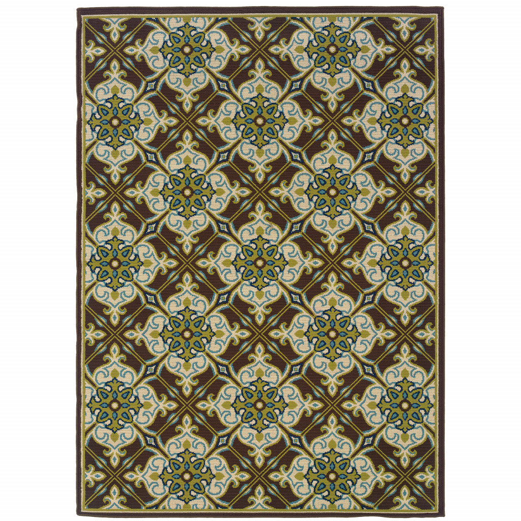 8' X 11' Brown Floral Stain Resistant Indoor Outdoor Area Rug