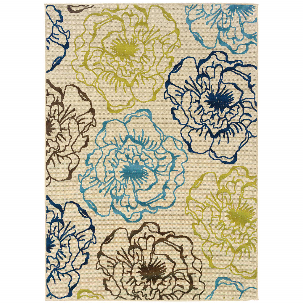 2' X 4' Ivory Floral Stain Resistant Indoor Outdoor Area Rug
