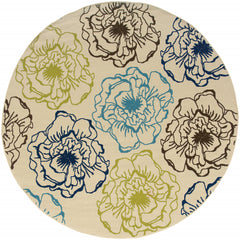 8' Ivory Round Floral Stain Resistant Indoor Outdoor Area Rug