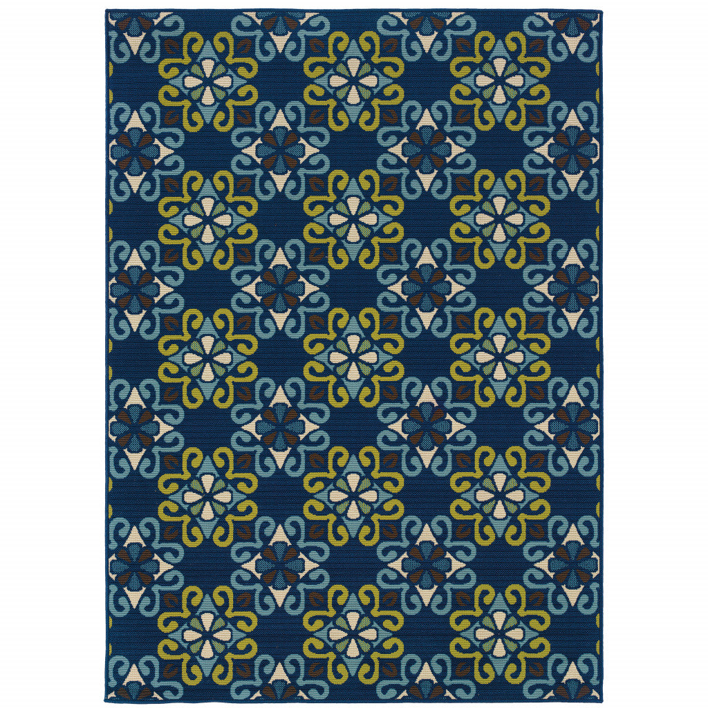 4' X 6' Blue Floral Stain Resistant Indoor Outdoor Area Rug