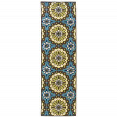 2' X 8' Blue Floral Stain Resistant Indoor Outdoor Area Rug
