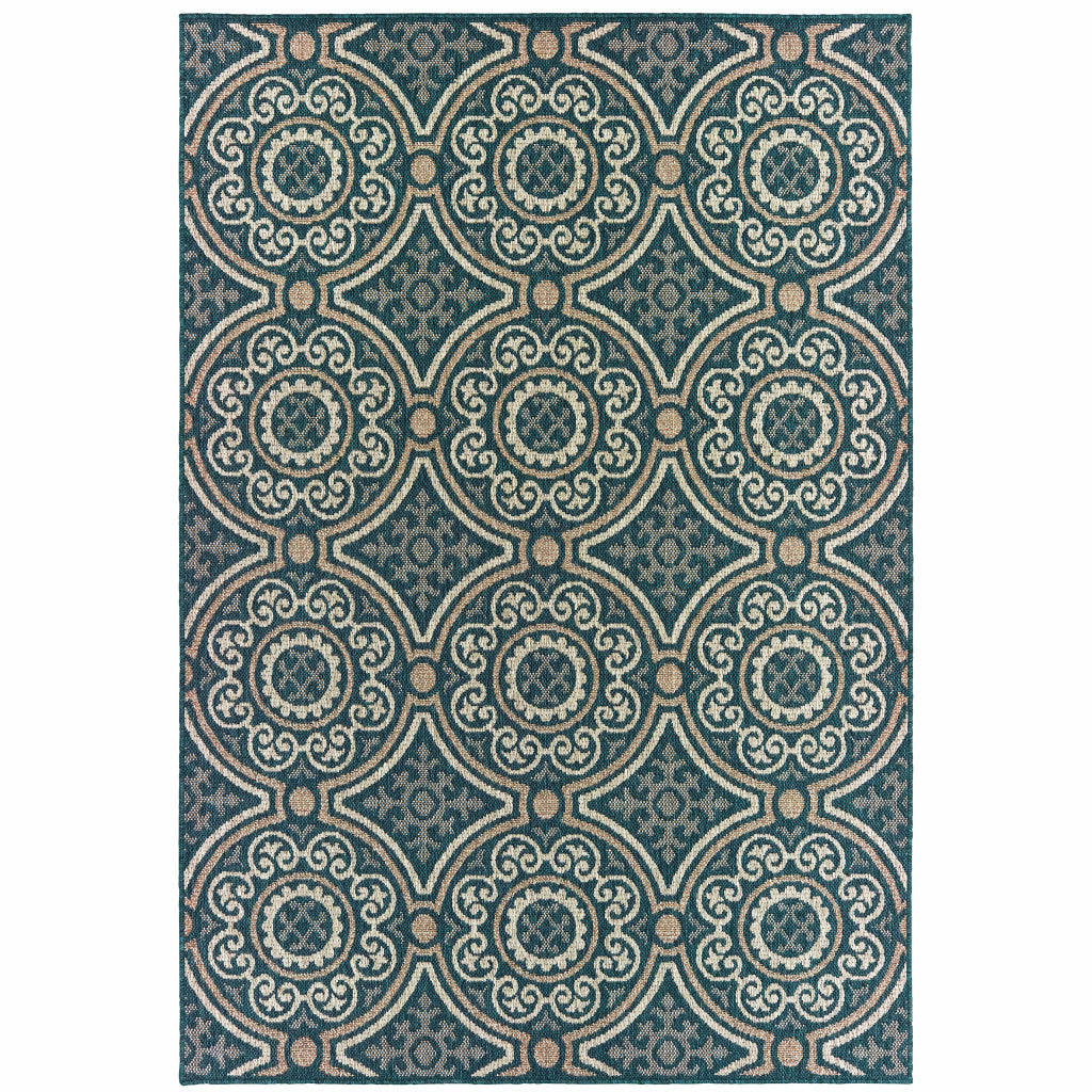 5' X 7' Blue Geometric Stain Resistant Indoor Outdoor Area Rug