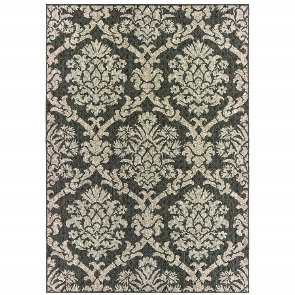 10' X 13' Grey Floral Stain Resistant Indoor Outdoor Area Rug