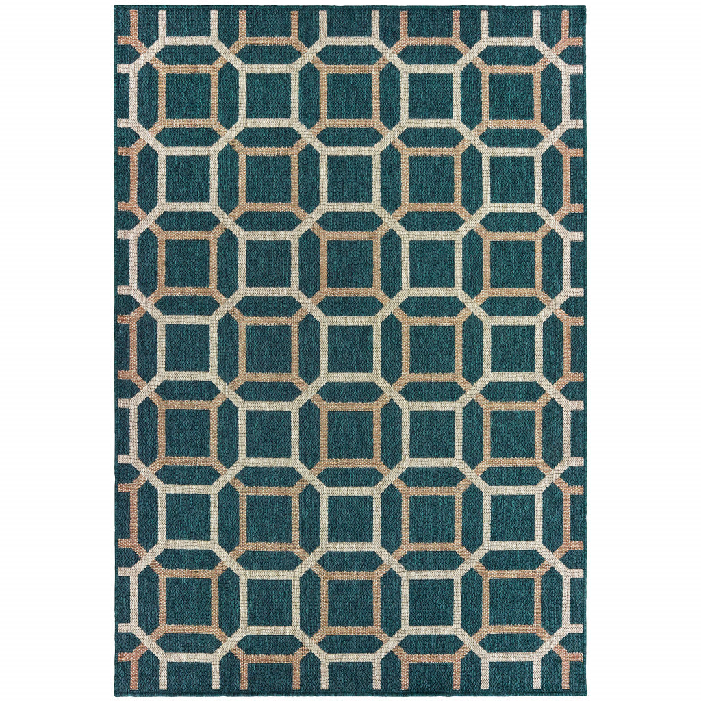 10' X 13' Blue Geometric Stain Resistant Indoor Outdoor Area Rug