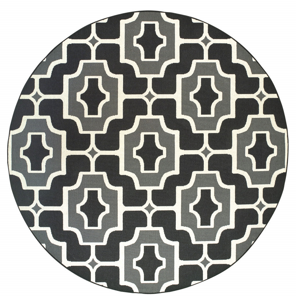 8' Black Round Geometric Stain Resistant Indoor Outdoor Area Rug