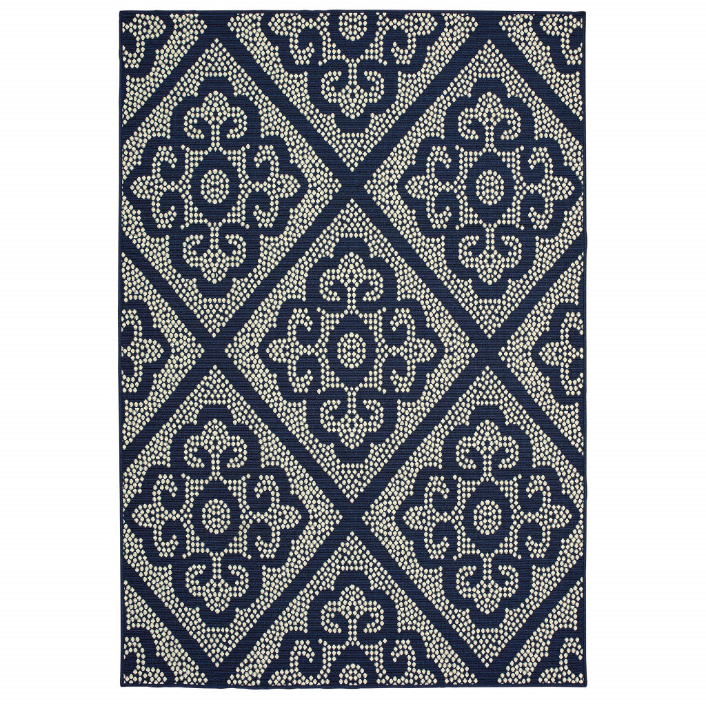 8' X 11' Navy Geometric Stain Resistant Indoor Outdoor Area Rug