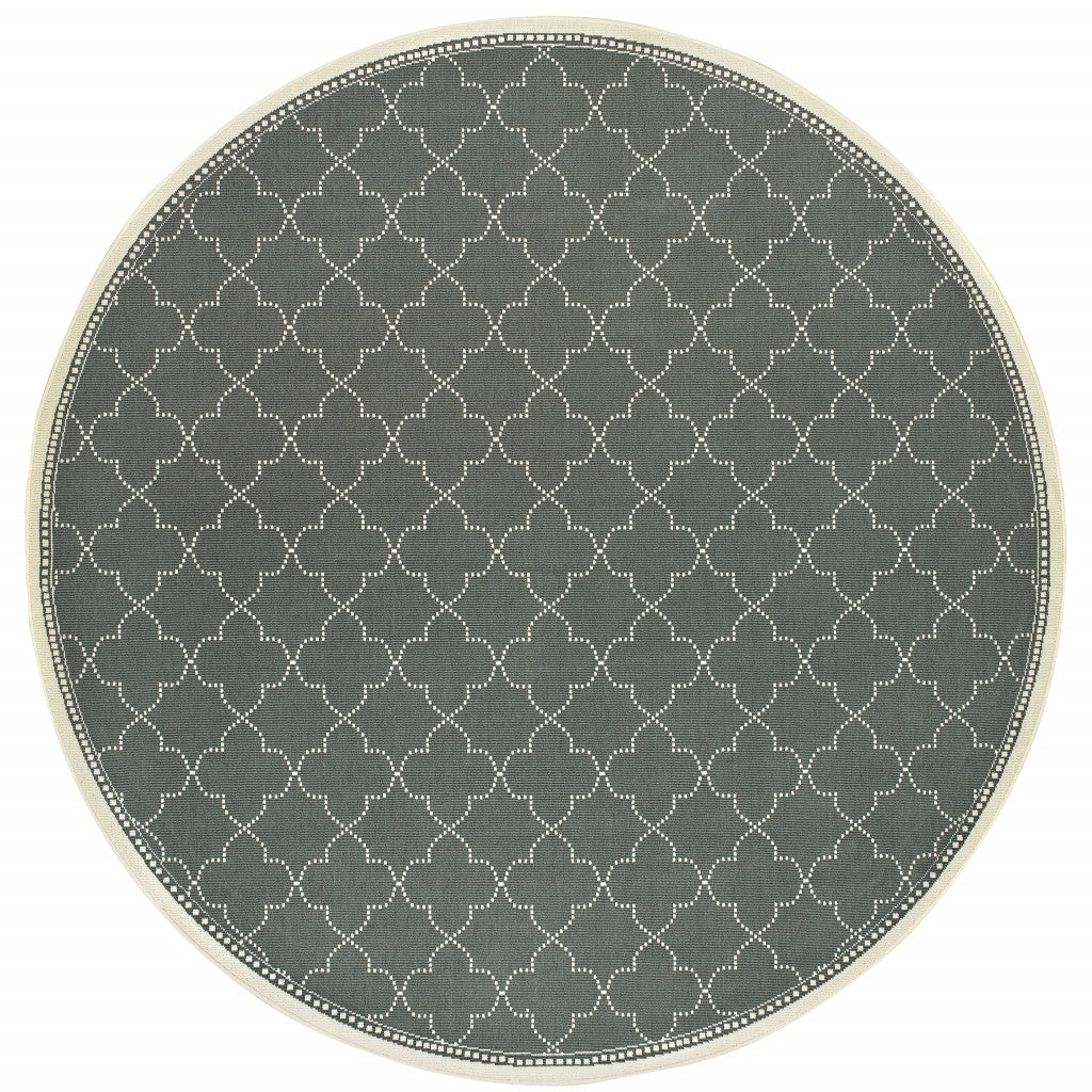 8' Grey Round Geometric Stain Resistant Indoor Outdoor Area Rug