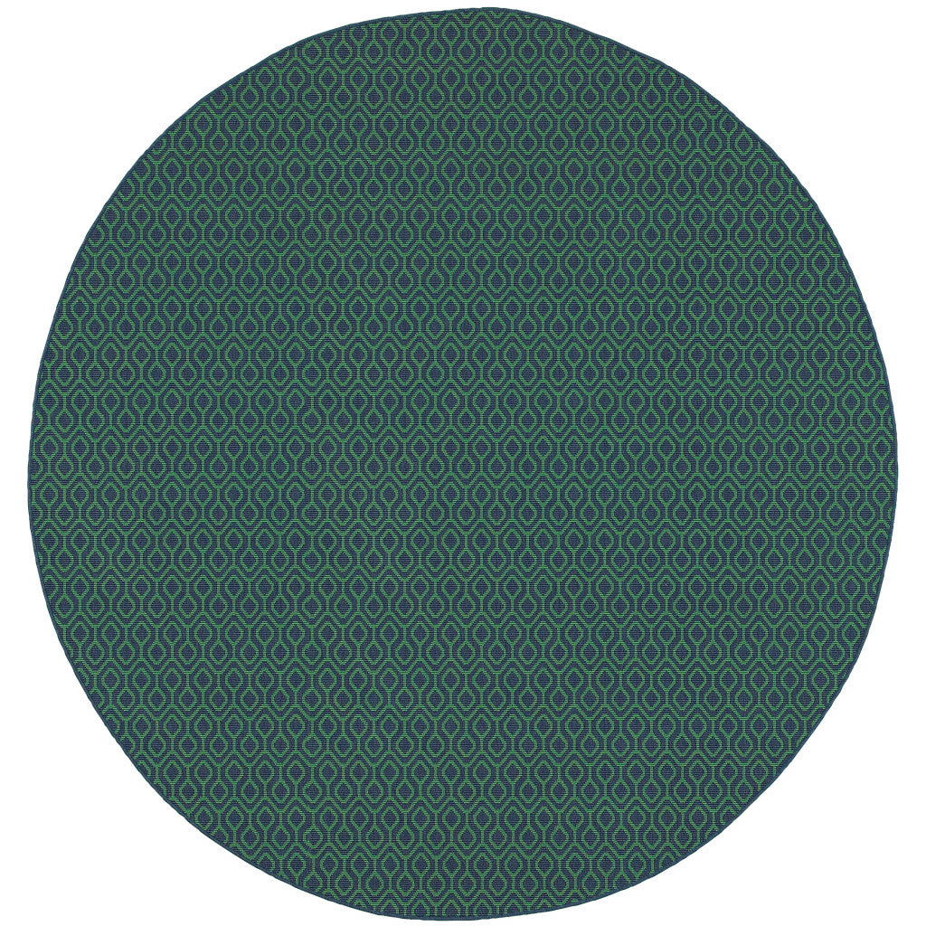 8' Navy Round Geometric Stain Resistant Indoor Outdoor Area Rug