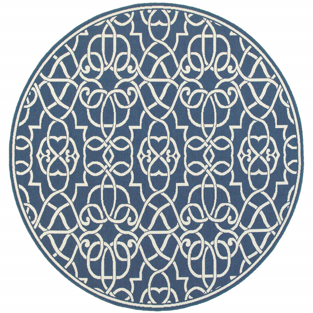 8' Round Navy Round Geometric Stain Resistant Indoor Outdoor Area Rug