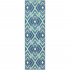 2' X 8' Navy Geometric Stain Resistant Indoor Outdoor Area Rug