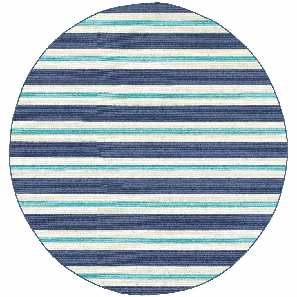 8' Round Blue Round Geometric Stain Resistant Indoor Outdoor Area Rug