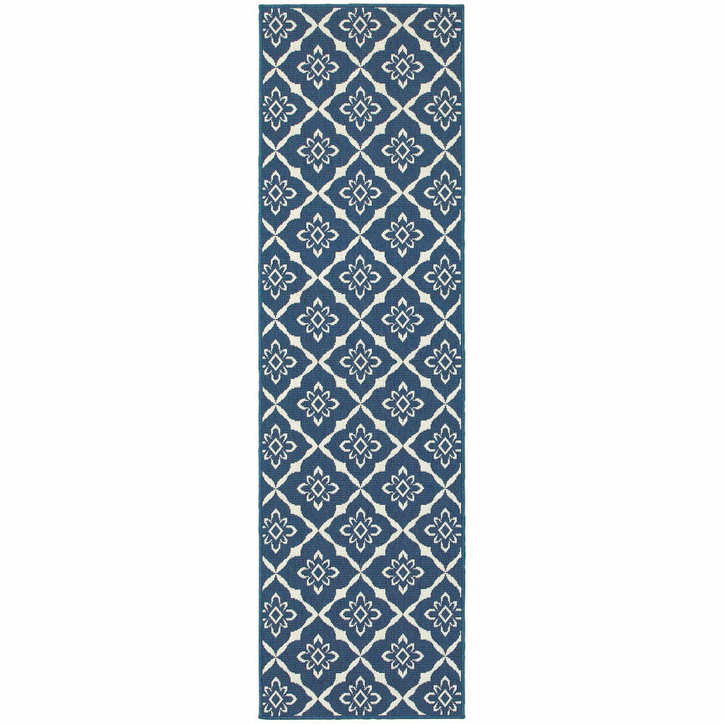 2' X 8' Navy Floral Stain Resistant Indoor Outdoor Area Rug