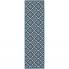 2' X 8' Navy Floral Stain Resistant Indoor Outdoor Area Rug