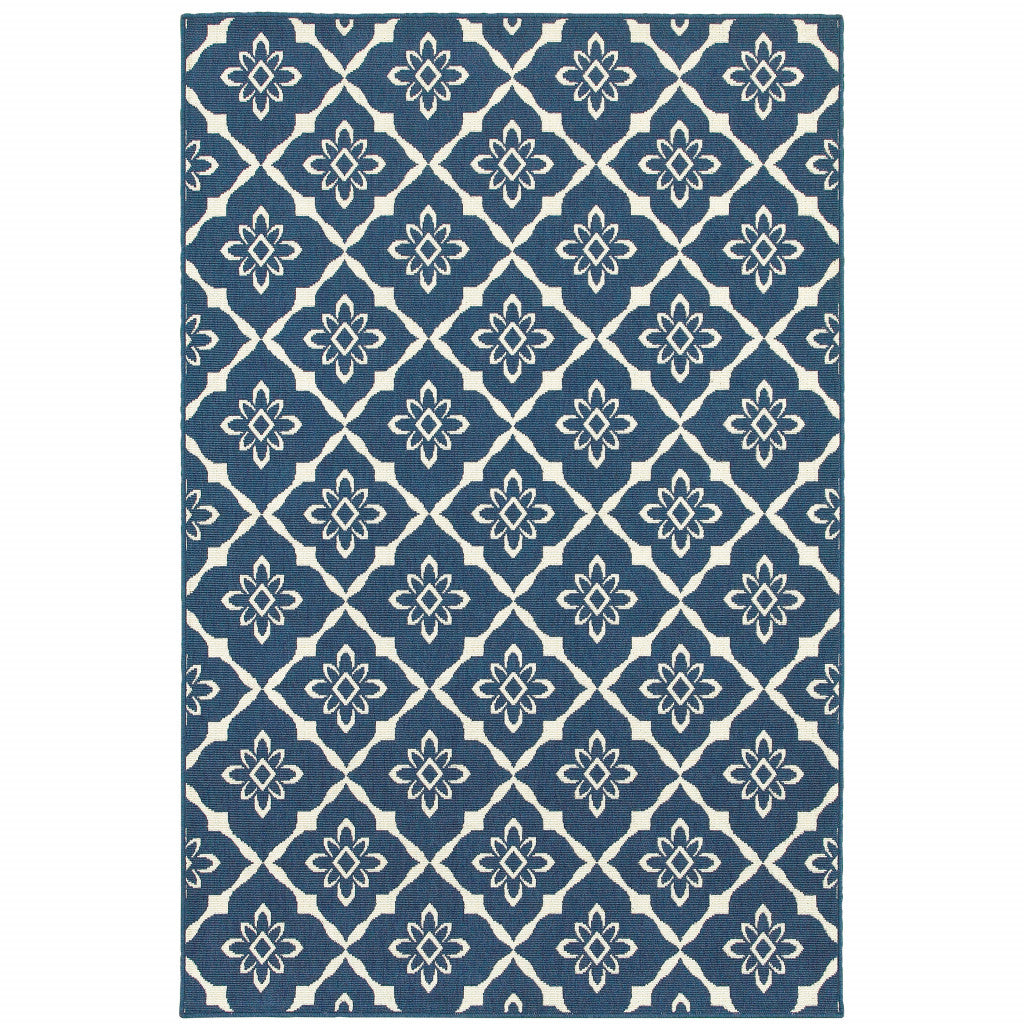 4' X 6' Navy Floral Stain Resistant Indoor Outdoor Area Rug