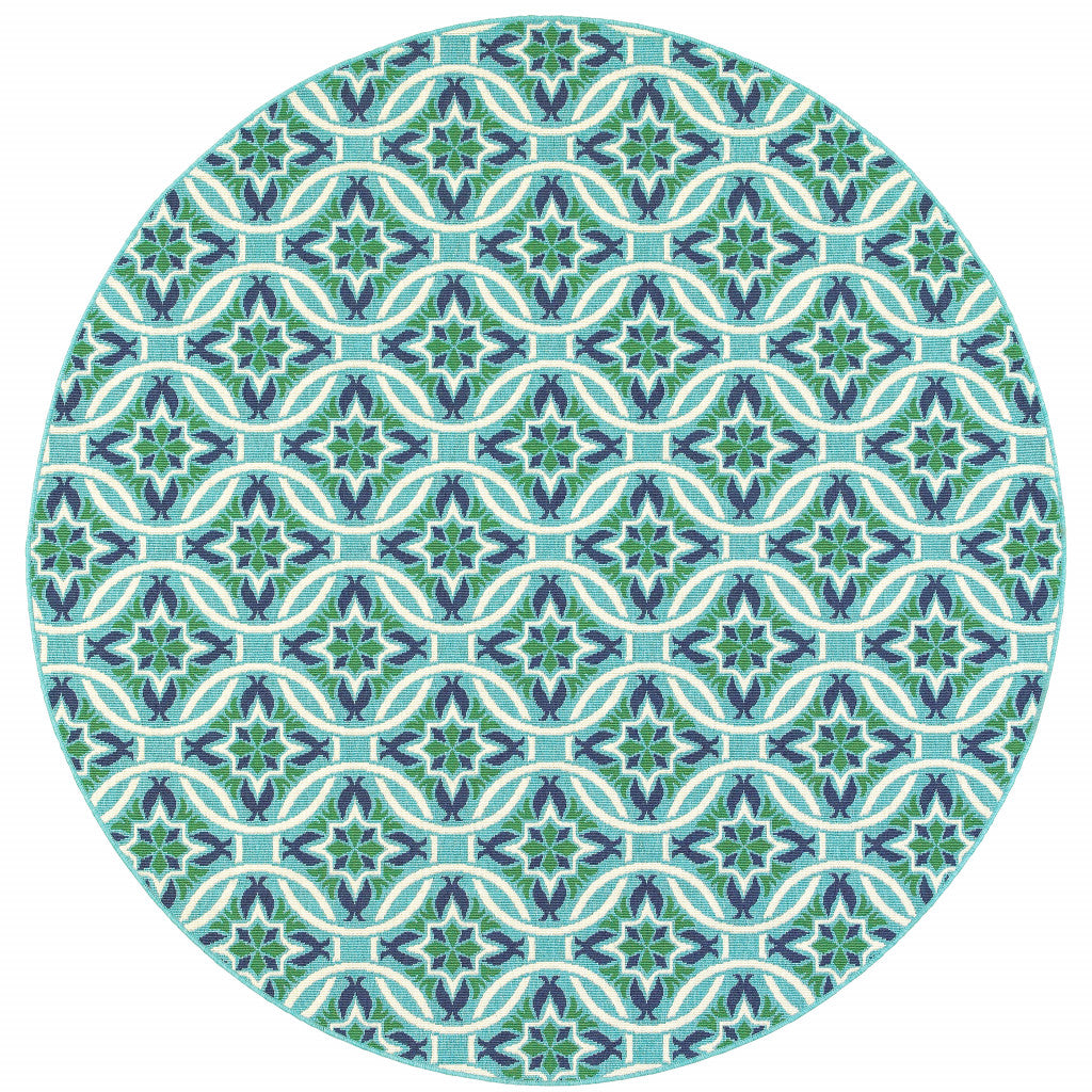 8' Round Blue Round Geometric Stain Resistant Indoor Outdoor Area Rug
