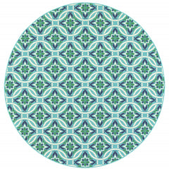8' Round Blue Round Geometric Stain Resistant Indoor Outdoor Area Rug