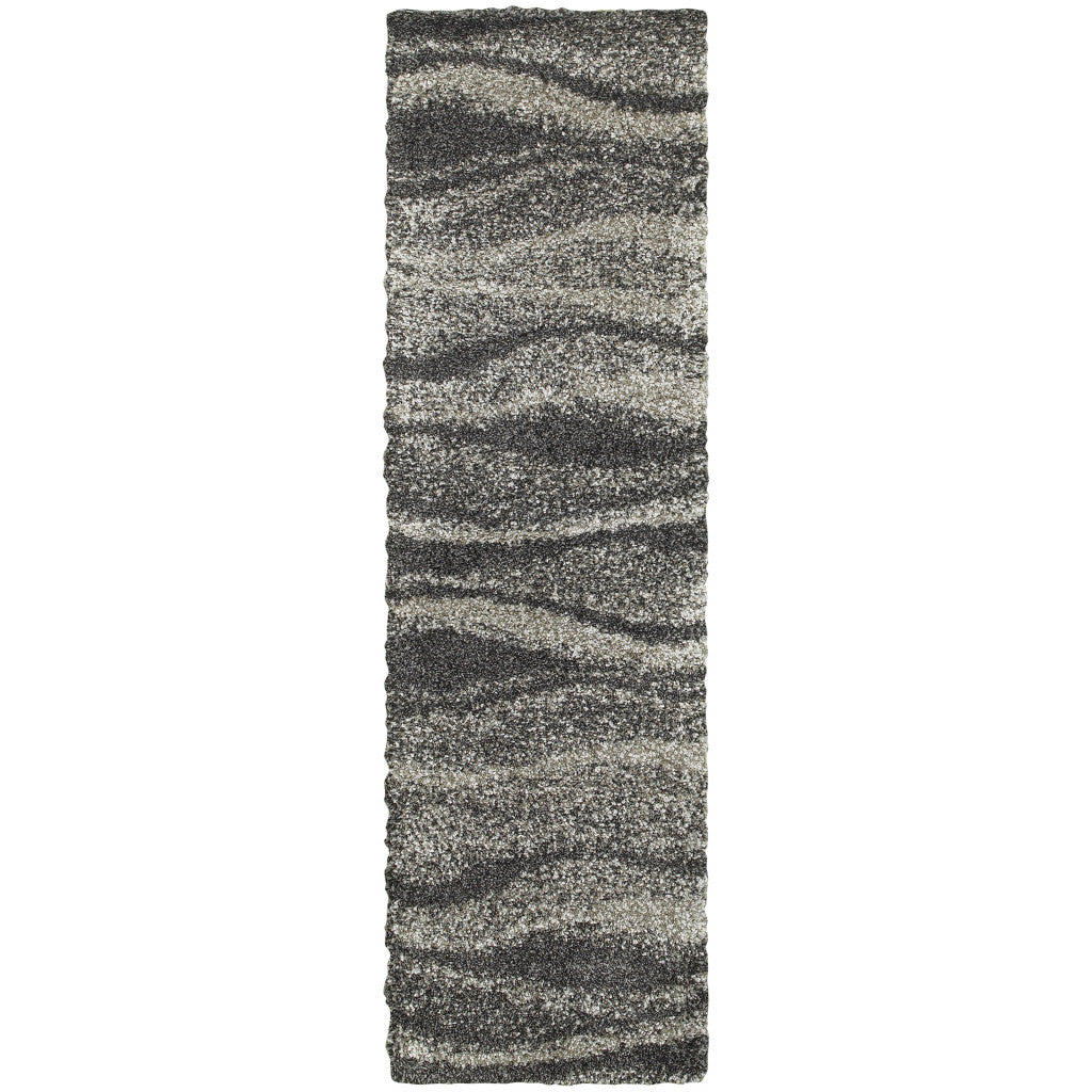 2' X 8' Charcoal Silver And Grey Abstract Shag Power Loom Stain Resistant Runner Rug