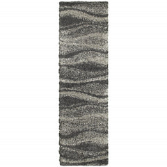 2' X 8' Charcoal Silver And Grey Abstract Shag Power Loom Stain Resistant Runner Rug