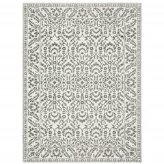 10' X 13' Grey And White Floral Power Loom Stain Resistant Area Rug
