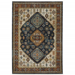 5' X 8' Blue Red Beige Orange Gold And Tan Oriental Power Loom Stain Resistant Area Rug With Fringe