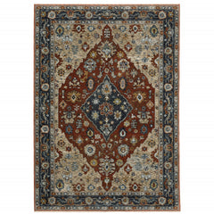 5' X 8' Blue Beige Tan Brown Gold And Rust Red Oriental Power Loom Stain Resistant Area Rug With Fringe