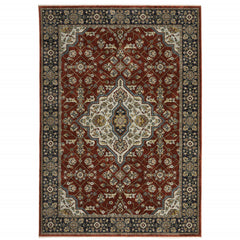 8' X 11' Red Ivory Blue Navy Gold And Grey Oriental Power Loom Stain Resistant Area Rug With Fringe